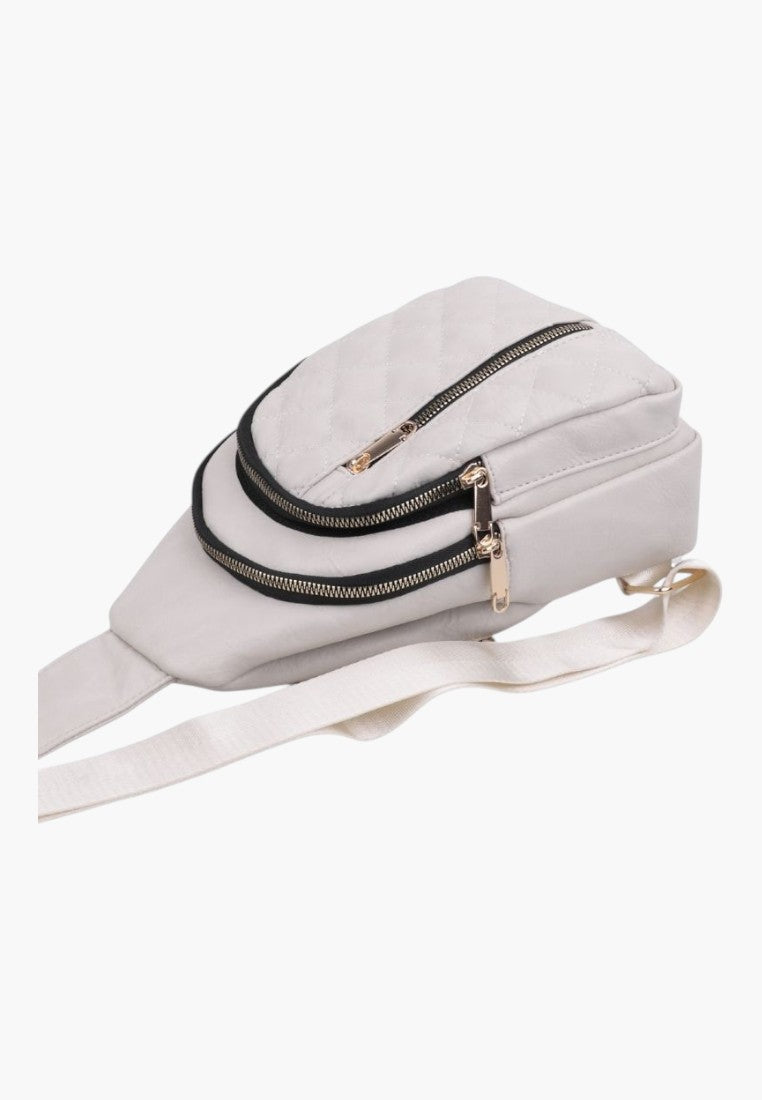 Falio beige quilted faux leather urban backpack with black zipper details and adjustable strap