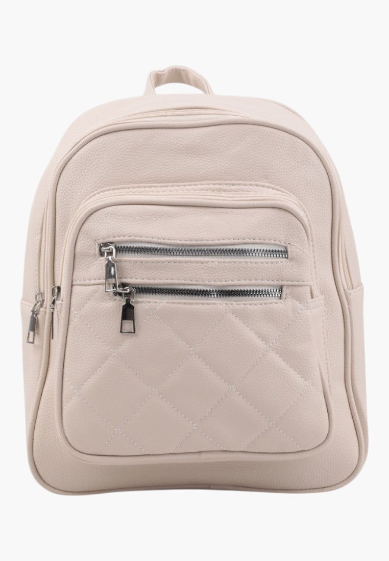 Falio beige urban women's backpack with a quilted front pocket and silver zipper details