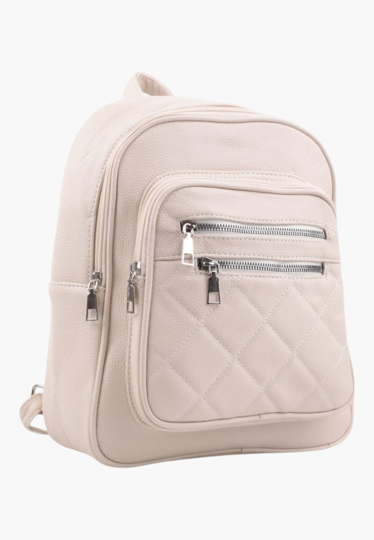 Falio beige urban women's backpack with quilted front pocket and silver zippers for daily use