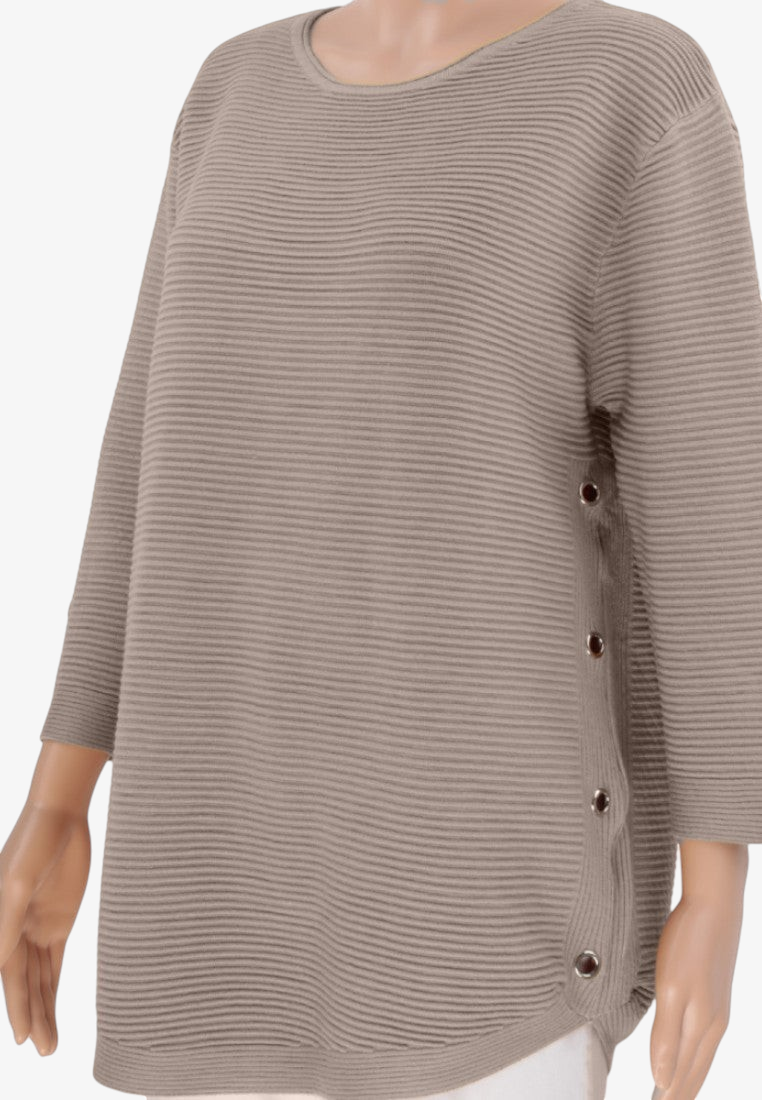 Falio beige ribbed knit sweater with round neckline, long sleeves, and decorative side button details on a mannequin.