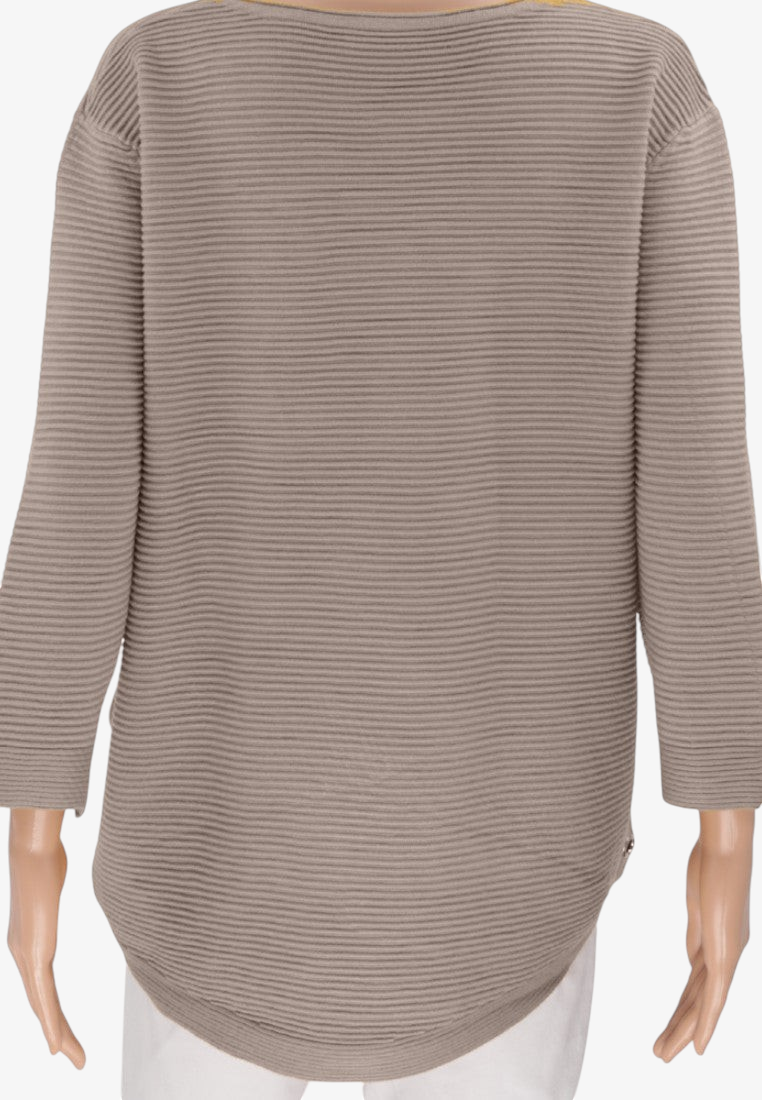 Falio beige ribbed long sleeve sweater with a round neckline, shown from the back on a mannequin.