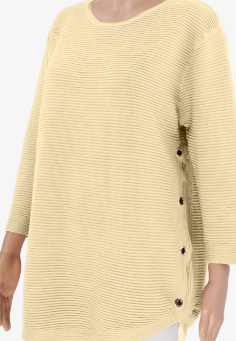 Falio women's beige ribbed sweater with round neckline, long sleeves, and decorative side buttons on a mannequin.