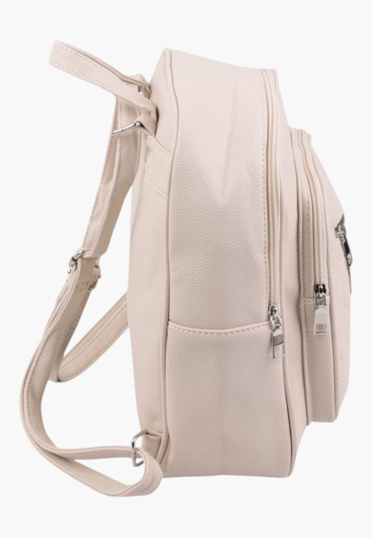 Falio beige urban women's backpack with side view, featuring a textured material and zippered compartments.