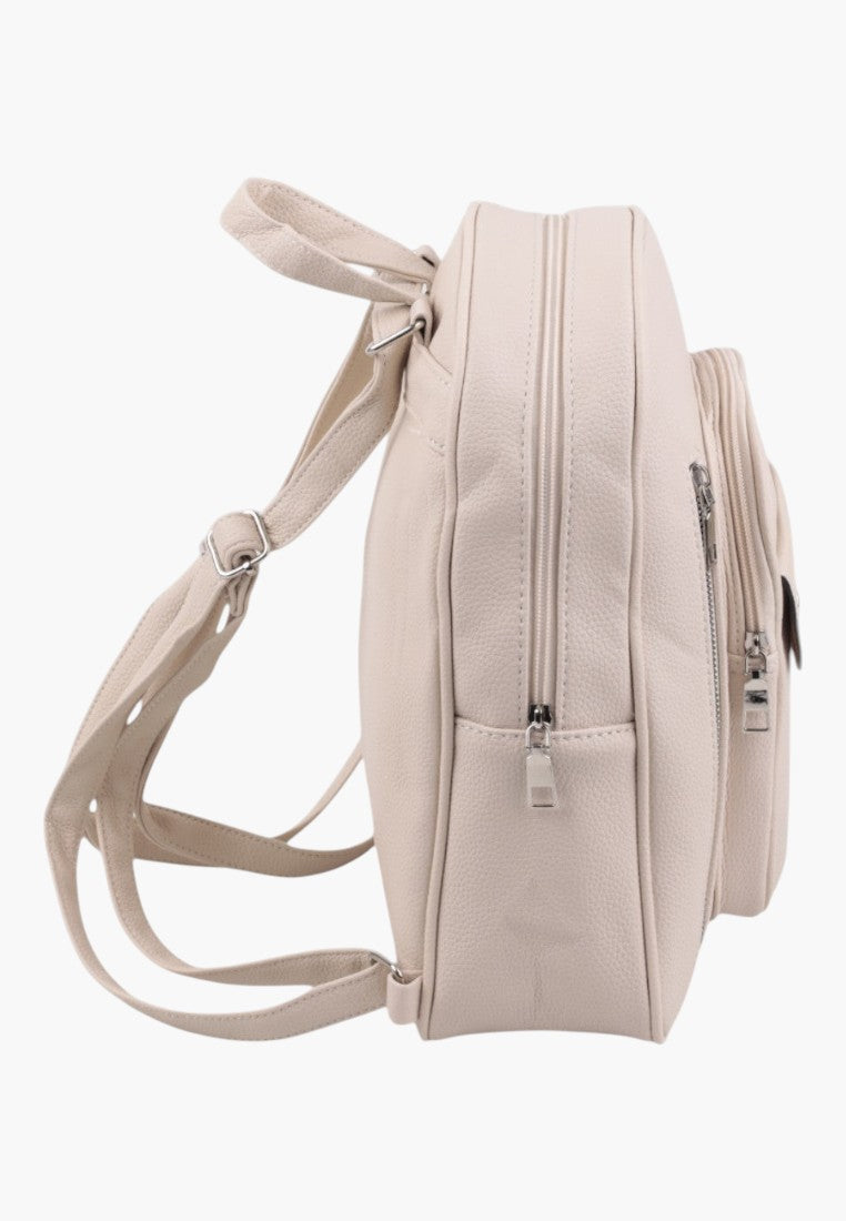 Falio elegant beige urban women's backpack with side view showing zipper details and adjustable straps