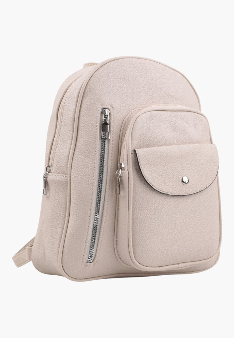 Falio beige urban women's backpack with a textured finish, front zip pocket, and snap button closure.