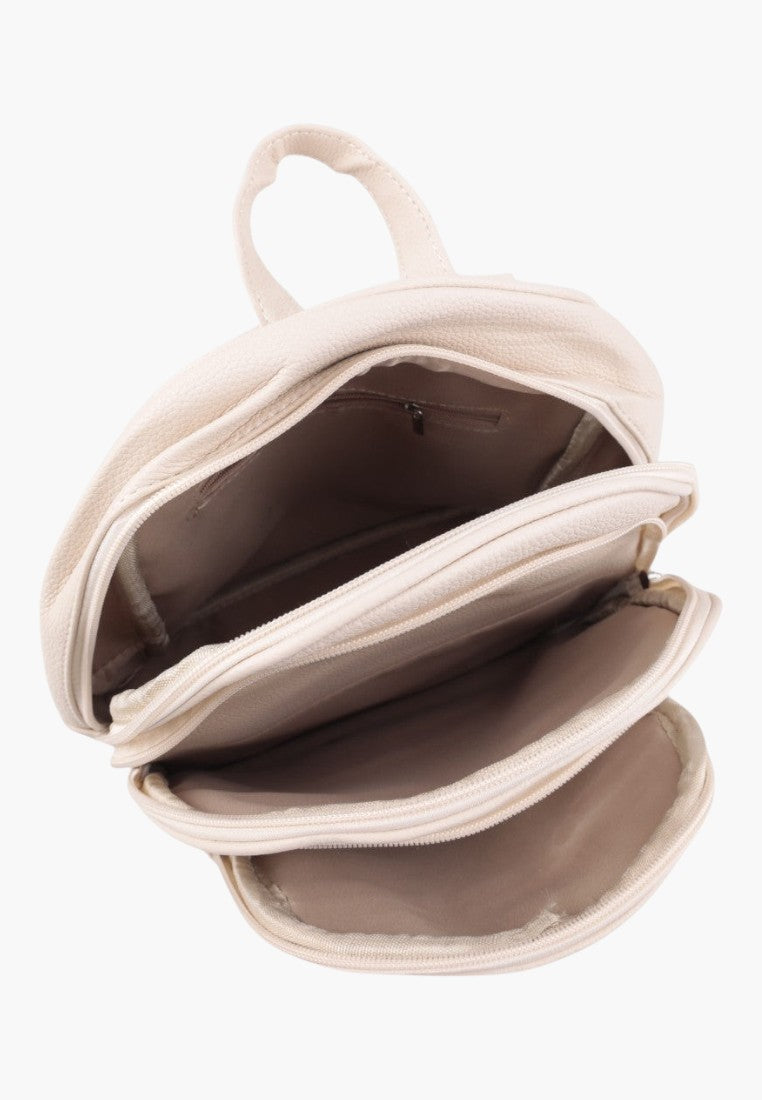 Falio beige urban women's backpack with multiple zippered compartments and a top handle, shown from above.