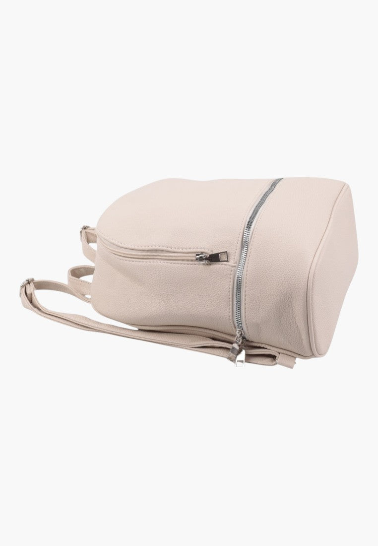 Falio beige urban women's backpack with a textured finish, front zipper pocket, and adjustable straps