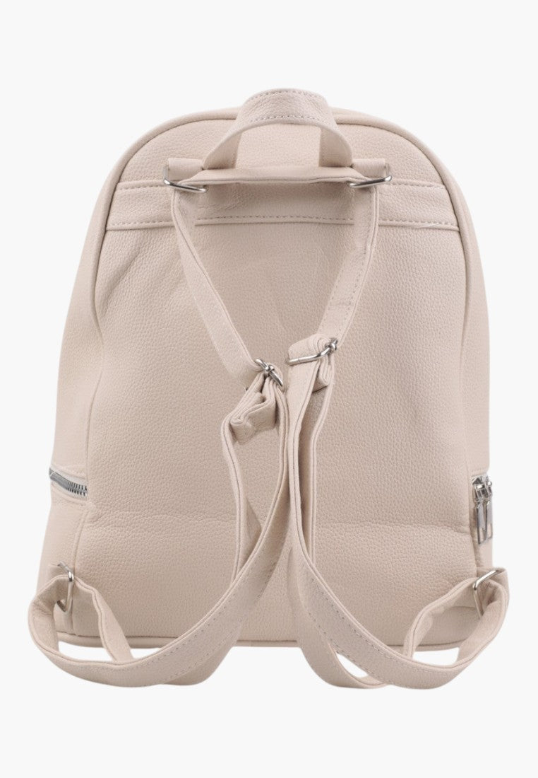Falio beige urban women's backpack with adjustable straps and silver hardware, shown from the back view.