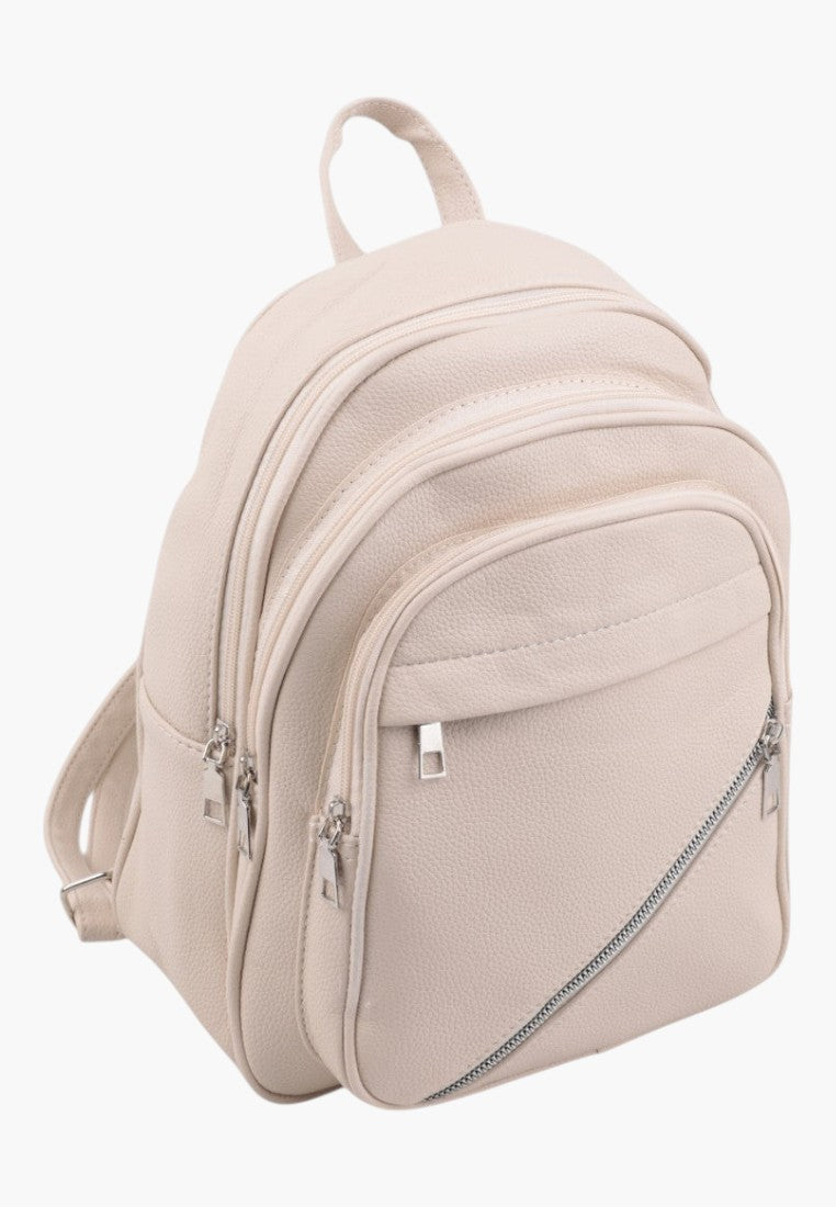 Falio beige urban women's backpack with multiple zippered compartments and a stylish diagonal front pocket design