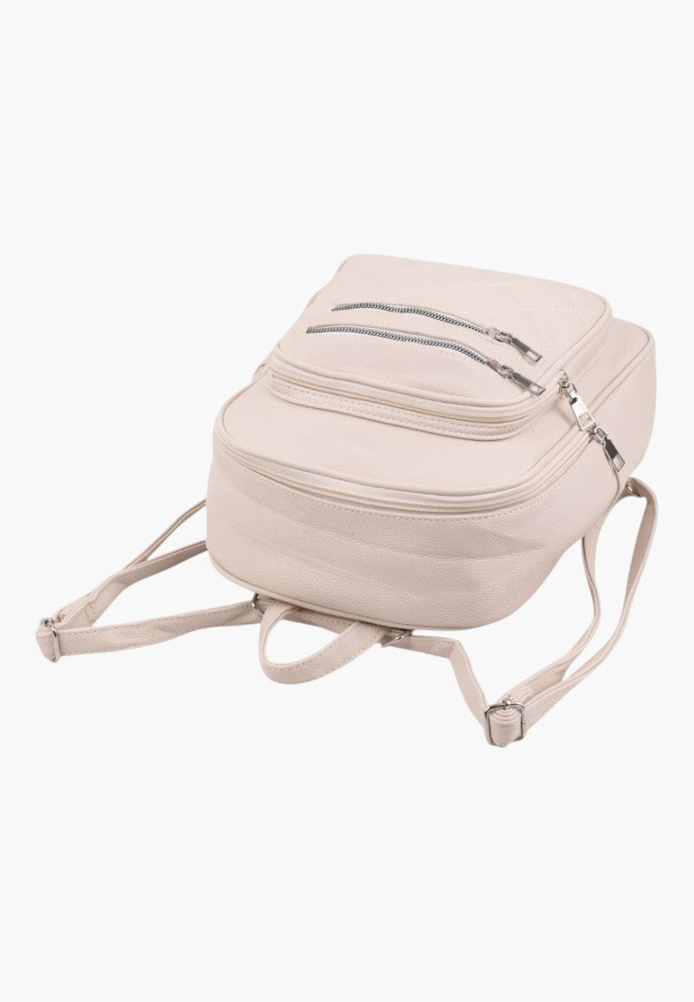 Falio beige urban women's backpack with quilted details and double front zippered pockets
