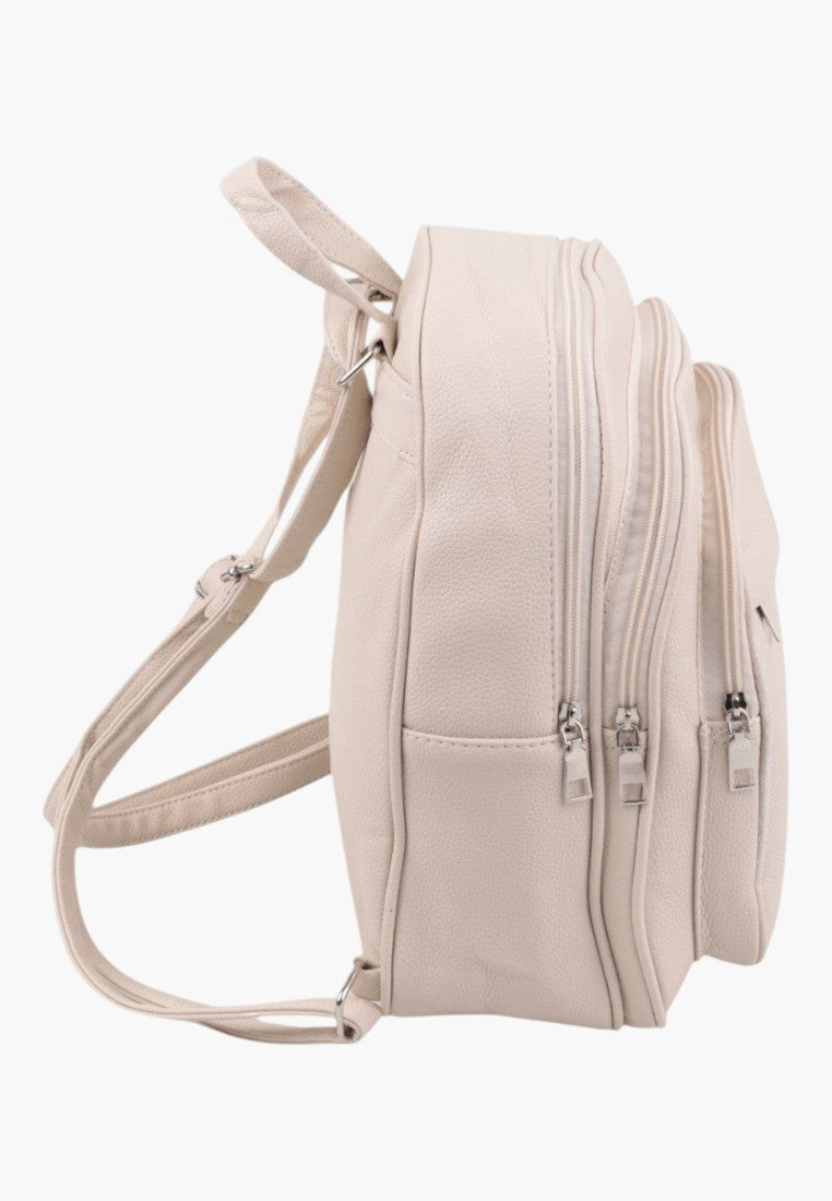 Falio beige urban women's backpack with multiple zippered compartments and adjustable straps, side view