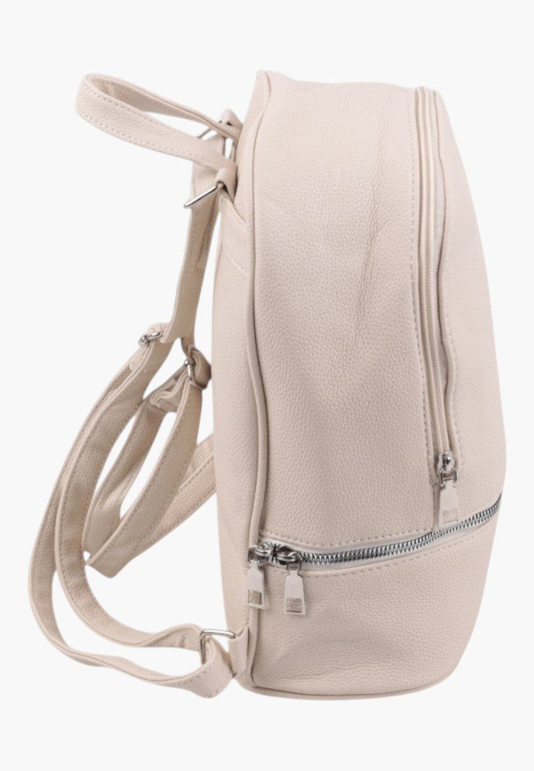 Falio beige urban women's backpack with a textured finish, side view showing adjustable straps and zipper pockets.