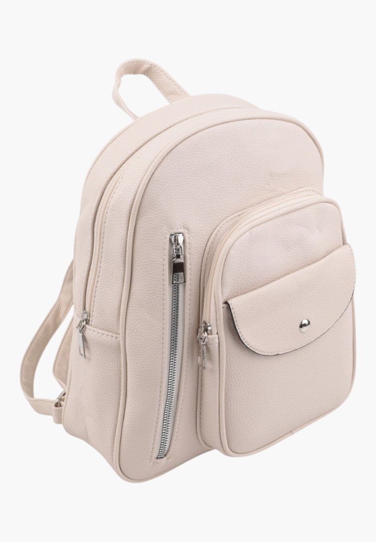 Falio beige urban women's backpack with a front zippered pocket and flap closure, made of durable textured material.