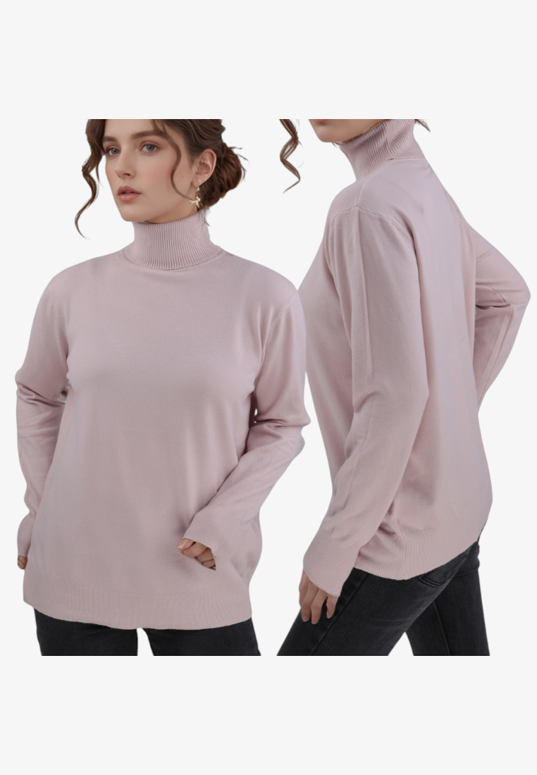Falio beige viscose blend mock neck sweater worn by a model, showing front and side views for a classic elegant look.