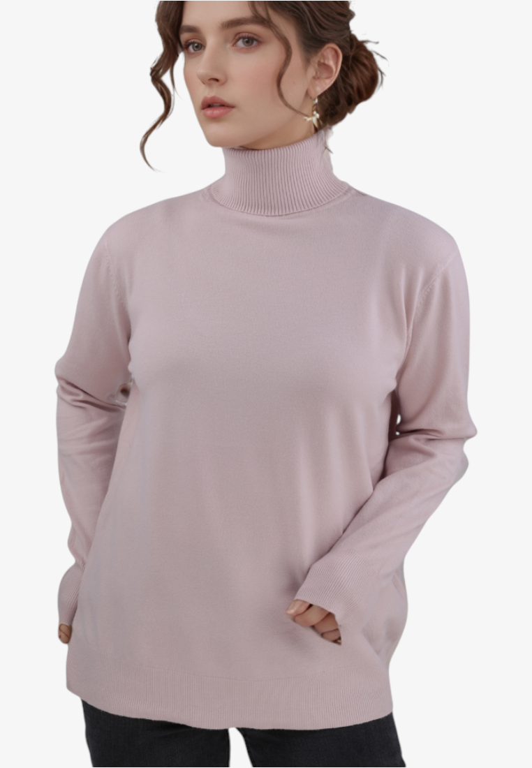 Model wearing a beige Falio viscose mock neck sweater with long sleeves and a classic fit