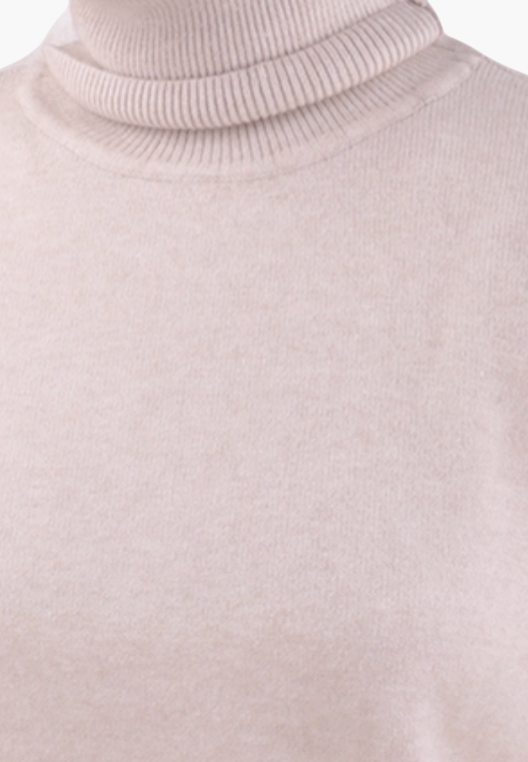 Falio beige viscose turtleneck sweater with a soft ribbed collar and classic knit texture for women.