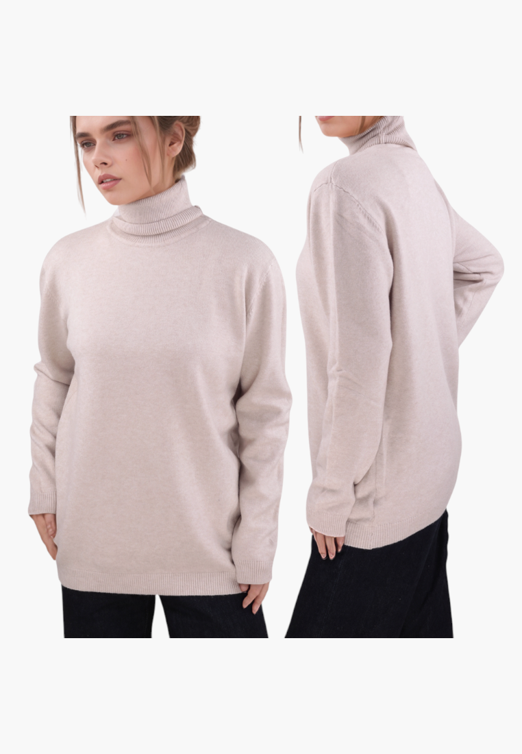 Falio beige viscose turtleneck sweater with long sleeves worn by a model, showing front and side views.