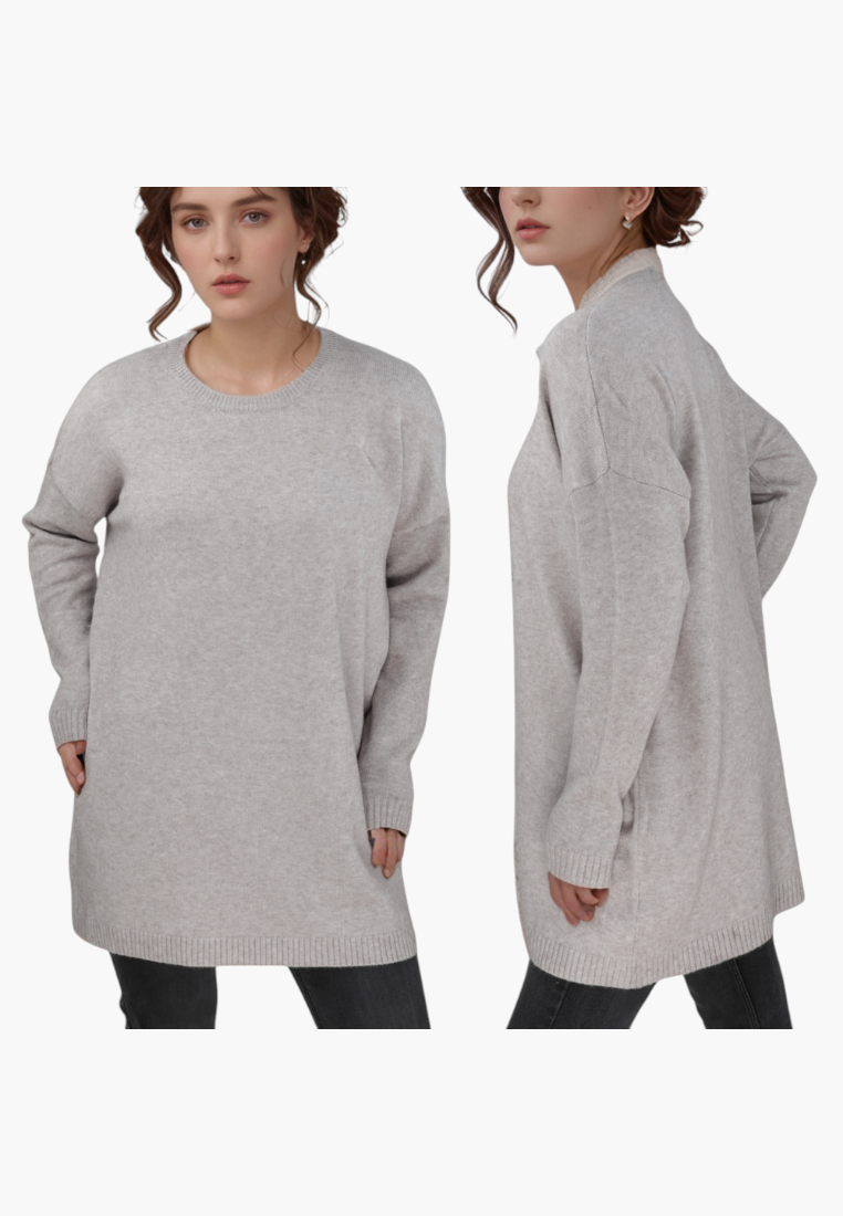 Falio plus size beige wool and cashmere blend sweater with a round neckline and long sleeves on a model