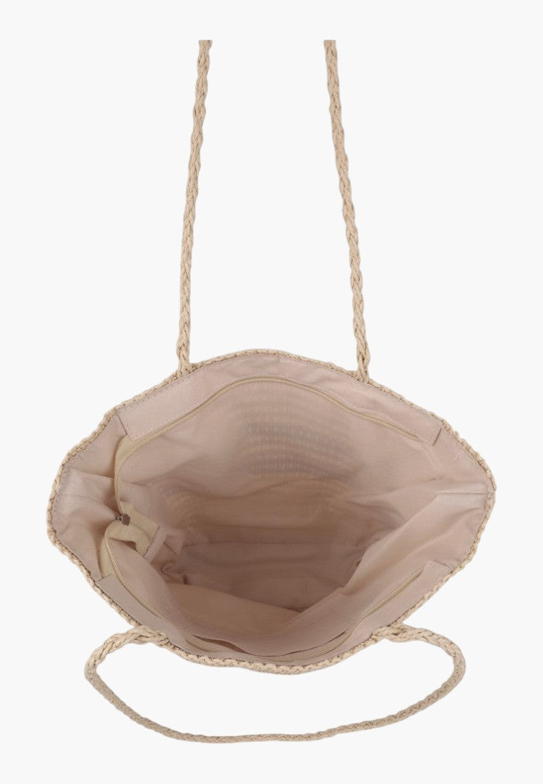 Falio beige woven shopper bag with braided shoulder straps and a zippered interior compartment
