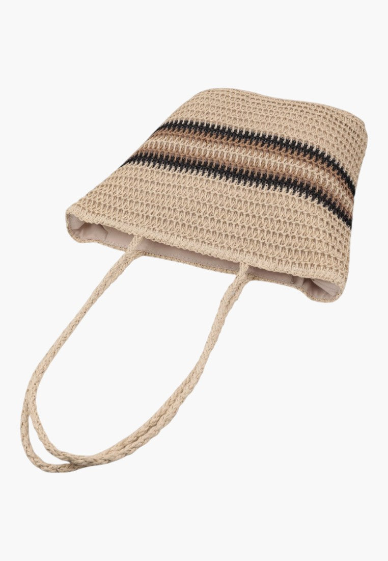 Falio beige woven shopper bag with black and brown horizontal stripes and long shoulder straps
