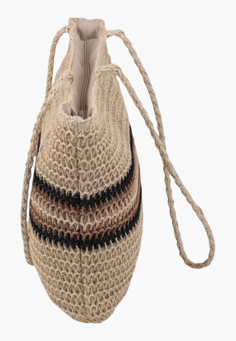 Falio beige woven shopper bag with black and brown striped pattern and shoulder straps