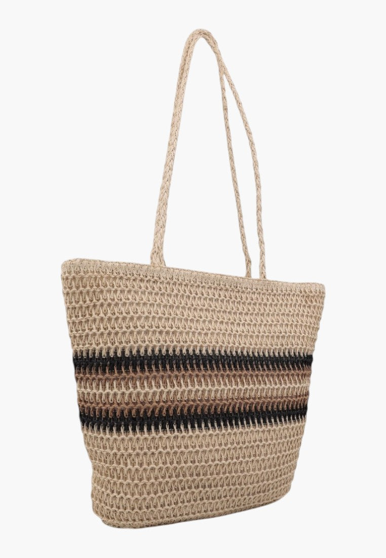 Falio beige woven shopper bag with black and brown horizontal stripes and long shoulder straps