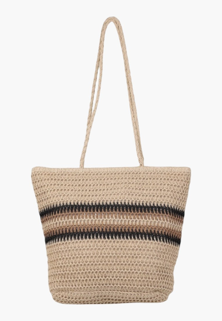 Falio beige woven straw shopper bag with black and brown horizontal stripes and long shoulder straps
