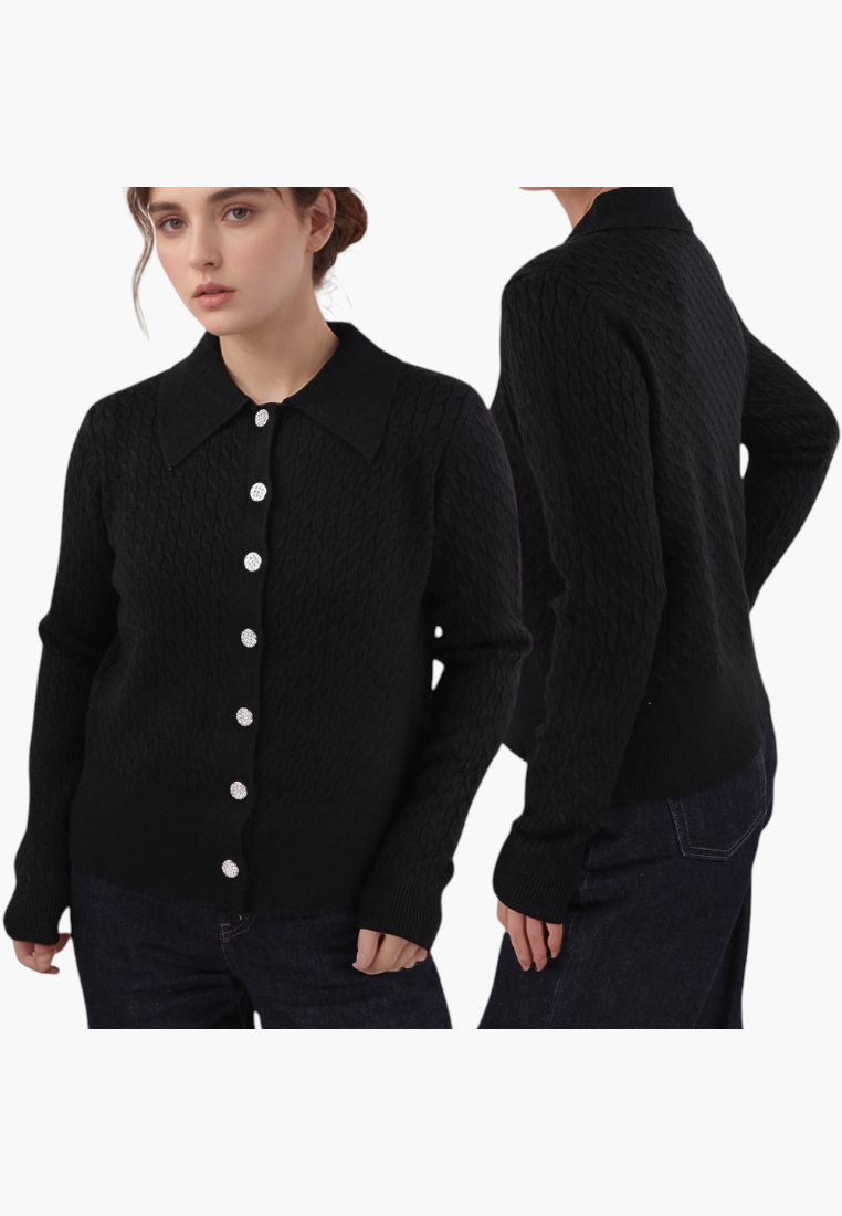 Falio black button-down sweater with a round neckline and textured knit pattern worn by a model with dark jeans.