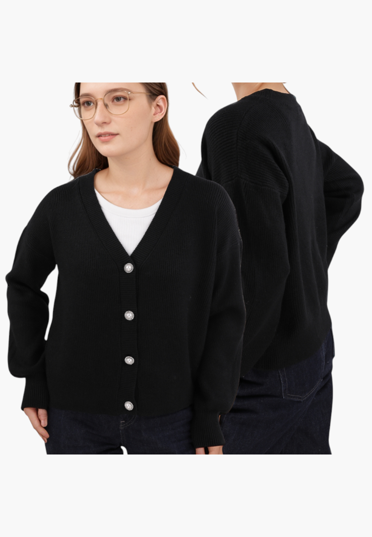 Falio black button-up cardigan with V-neck, long sleeves, and ribbed knit texture worn by a woman.