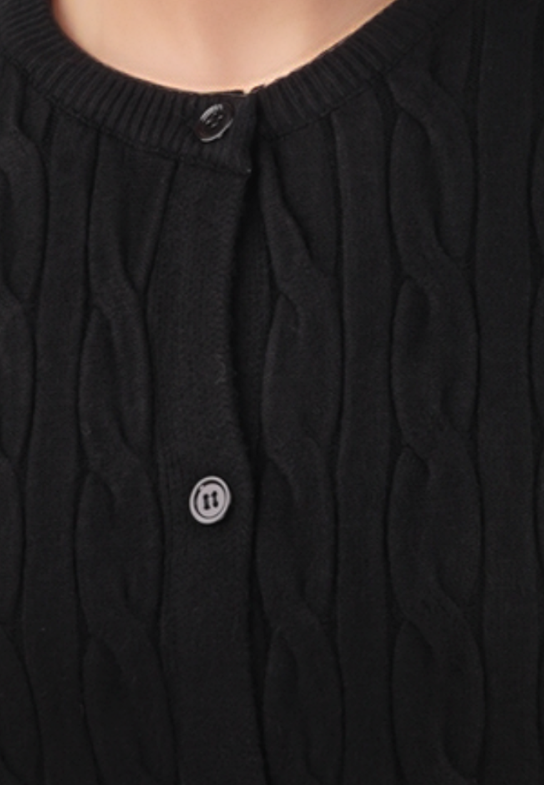 Falio black button-up short sleeve cardigan with a classic cable knit texture and round neckline