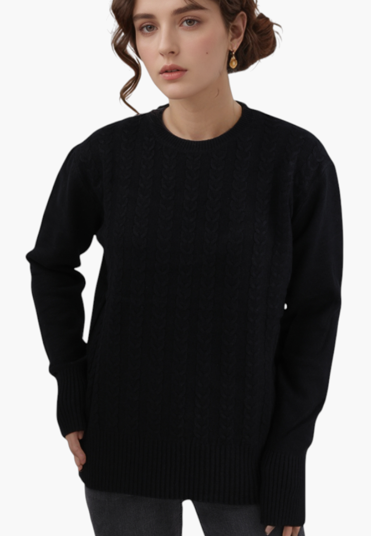 Falio black cable knit sweater with a round neckline worn by a woman, made from a soft wool and cashmere blend.