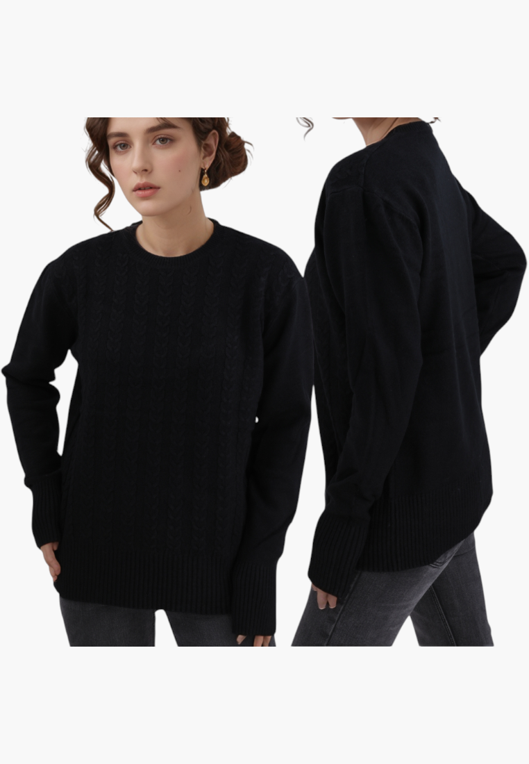 Falio black cable knit sweater with round neck and long sleeves worn by a woman, front and back view
