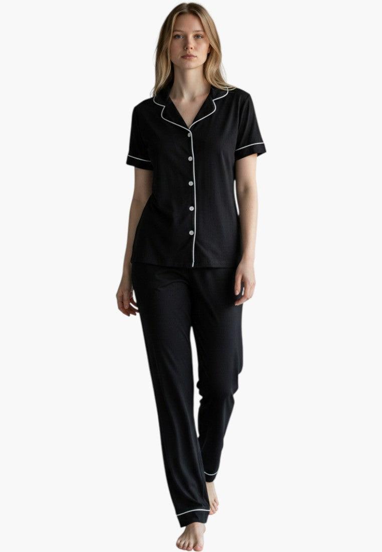 Falio black cotton short-sleeve pajama set with white piping and button-down top.