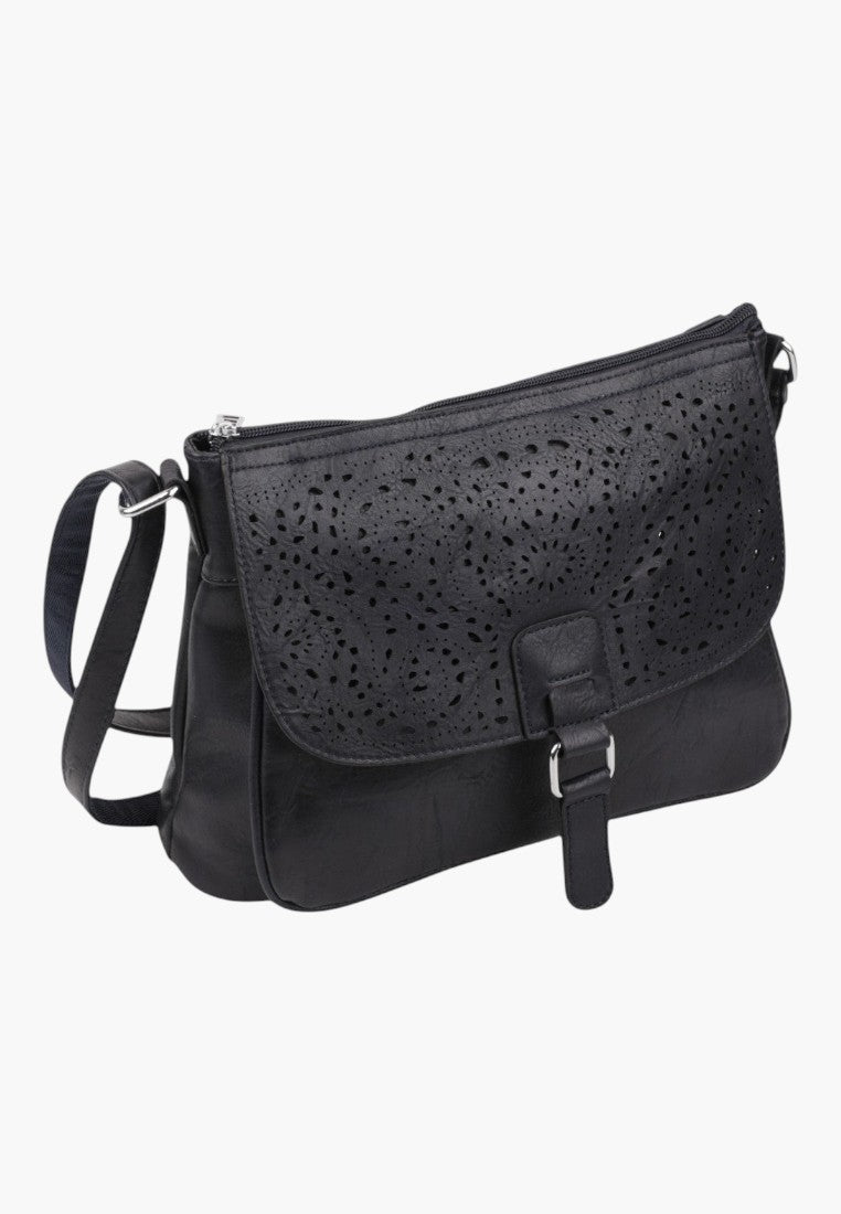 Falio black crossbody bag with a decorative laser-cut floral flap and adjustable shoulder strap