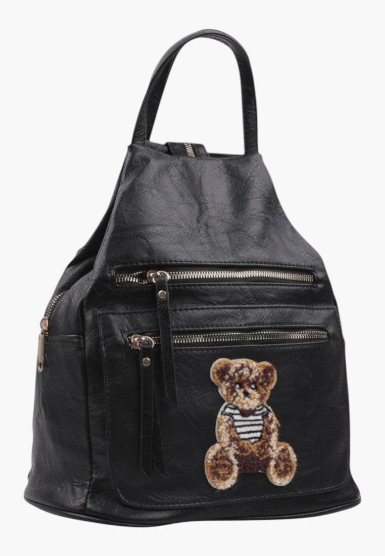 Falio black urban backpack made of eco-leather with a cute teddy bear patch and multiple zippered pockets