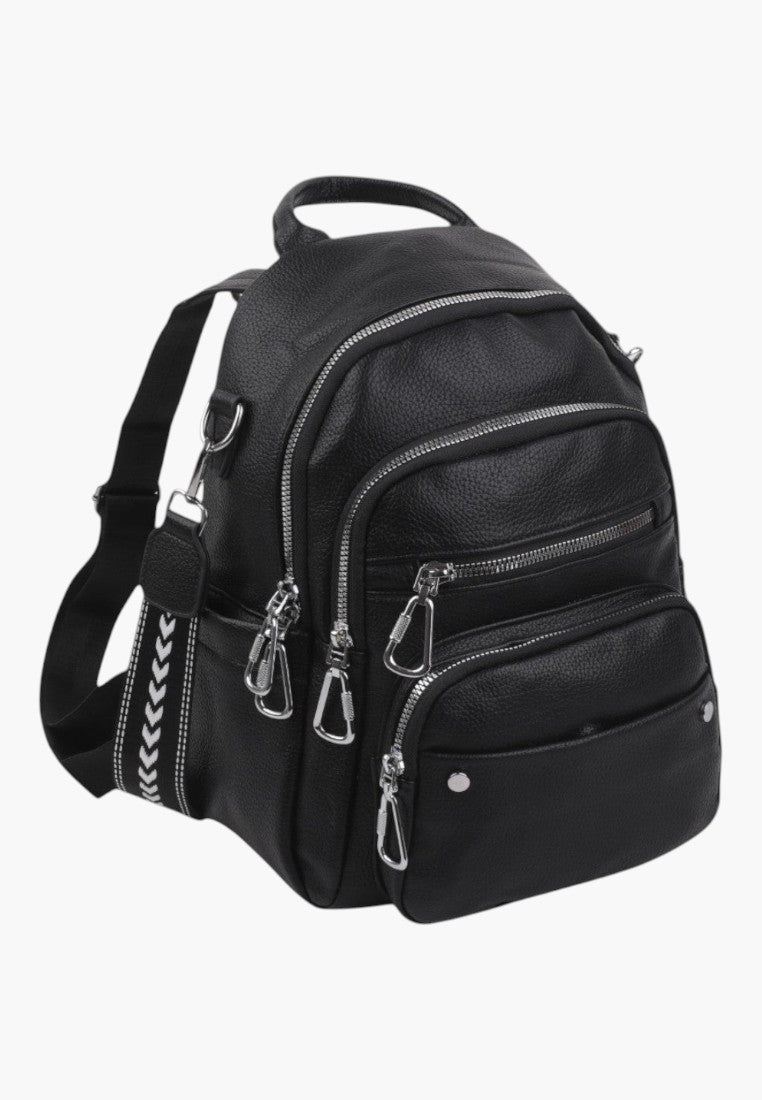 Falio black urban backpack made of eco-leather with multiple zippered pockets and patterned shoulder straps