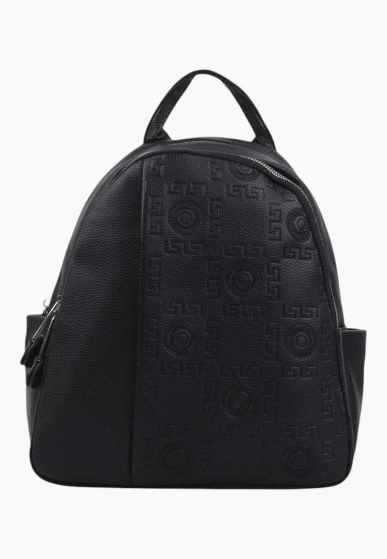 Falio black urban backpack made of eco-leather with a modern embossed geometric pattern and a top handle.