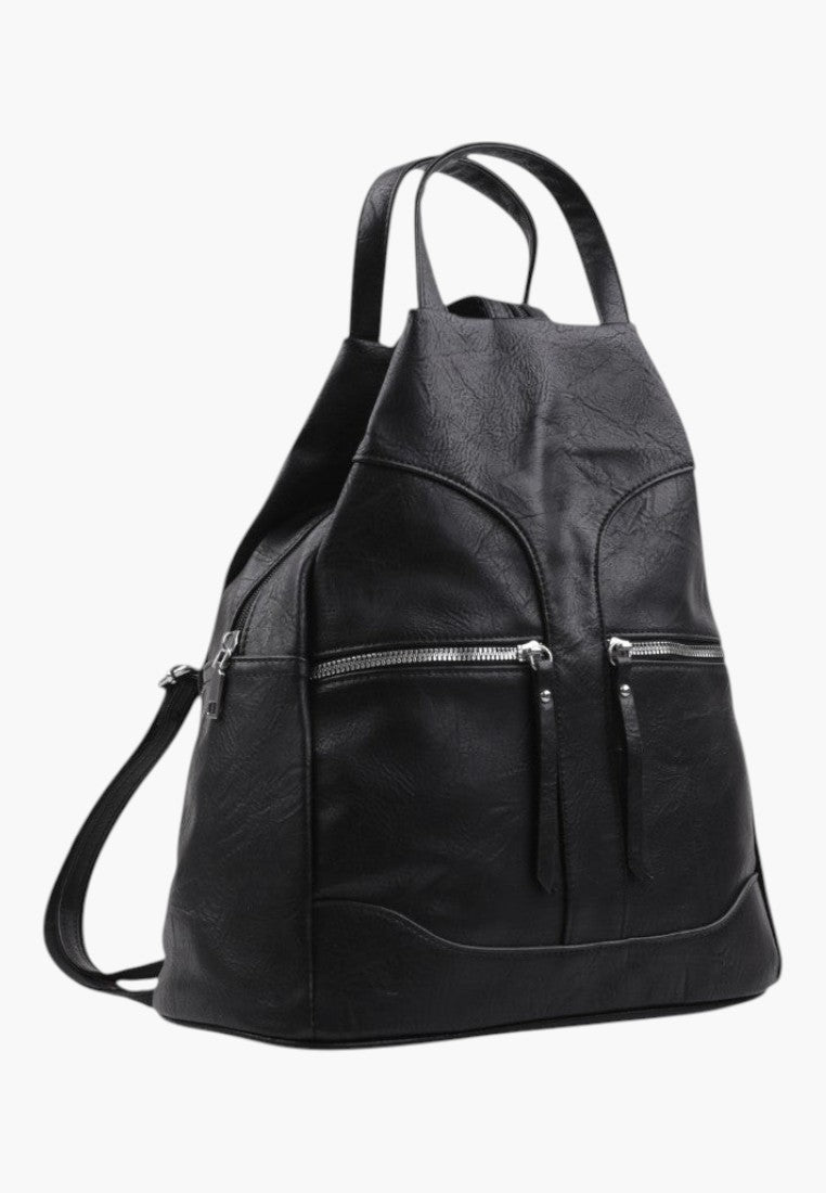 Falio black urban women's backpack made of eco-leather with multiple zippered compartments and top handle