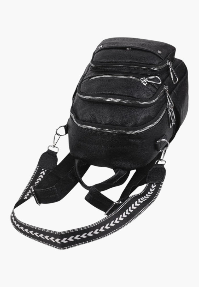 Falio black urban backpack made of eco-leather with multiple zippered pockets and a patterned shoulder strap