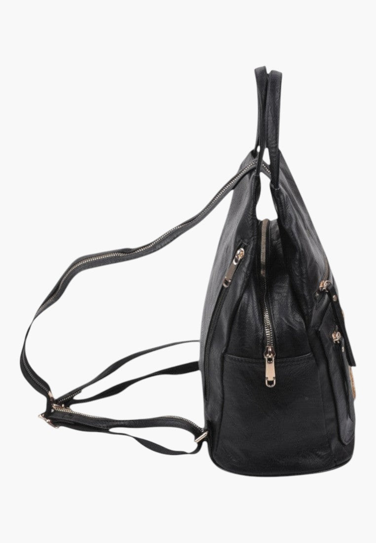 Falio women's urban backpack in black eco-leather with multiple zippered pockets, side view
