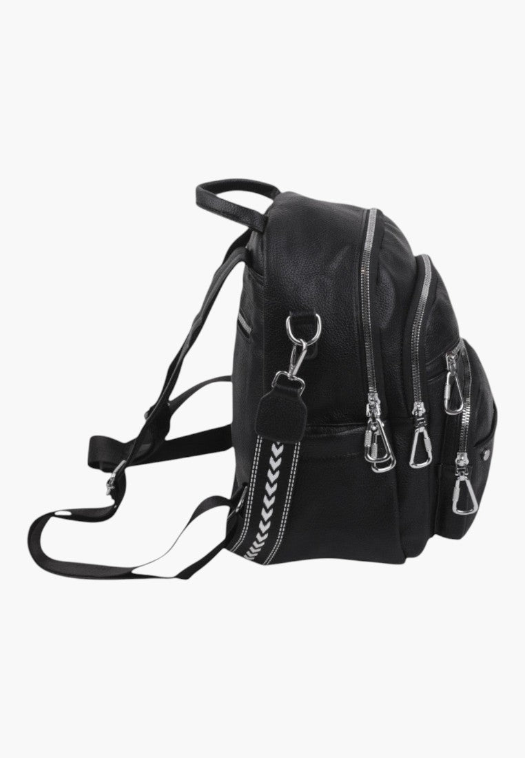 Falio black urban backpack made of eco-leather with multiple zippered pockets and patterned straps, side view