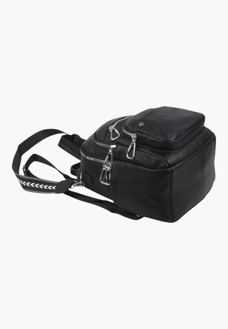 Falio black urban backpack made of eco-leather with silver zippers and patterned shoulder straps