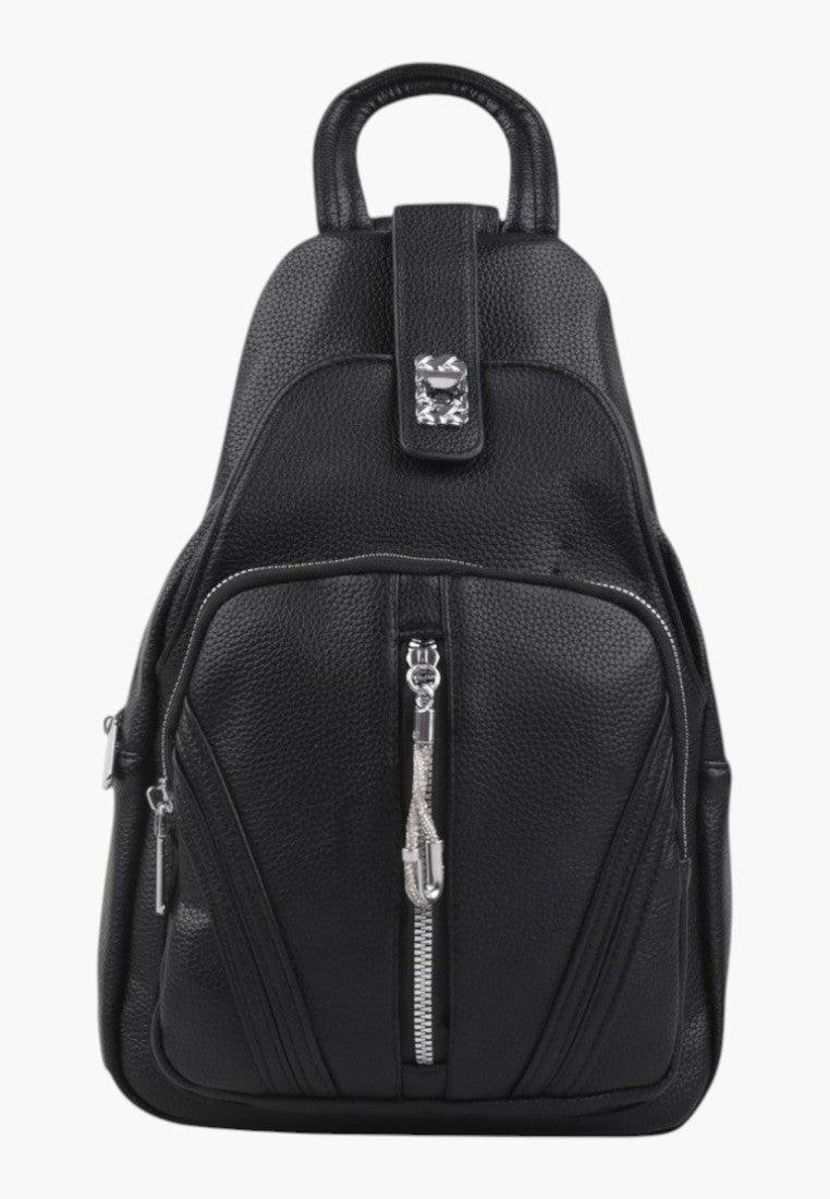 Falio black urban backpack made of eco-leather with a zippered front pocket and a top handle for daily use