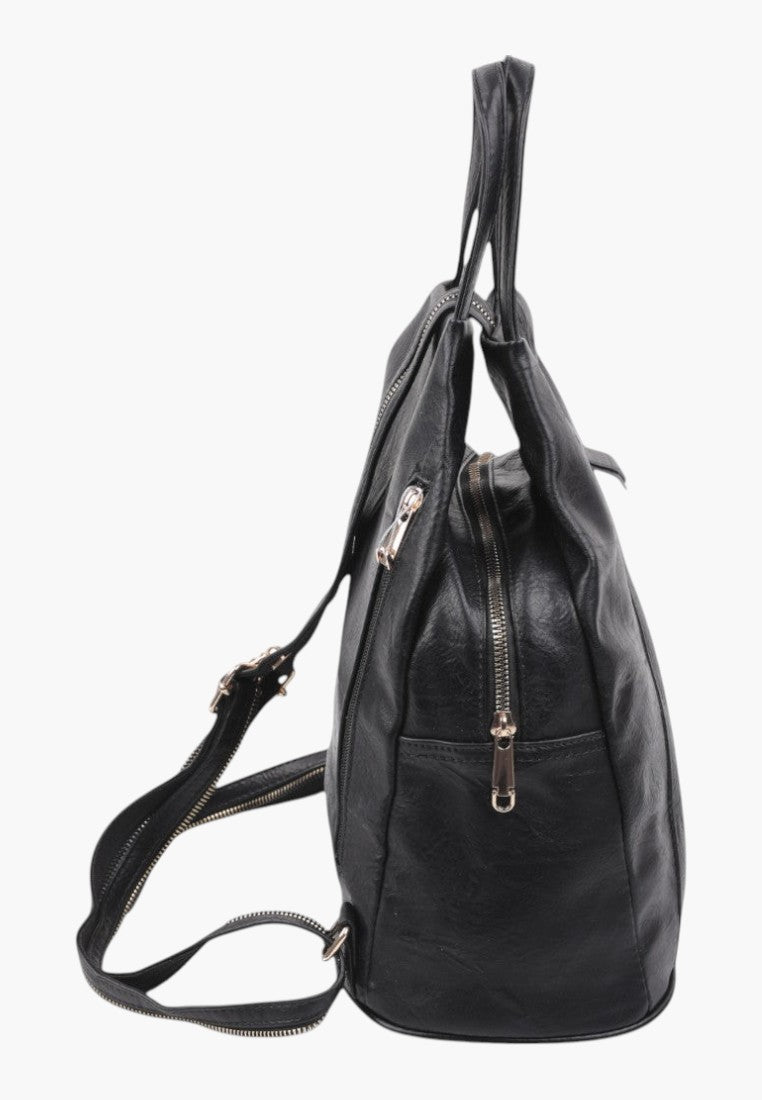 Falio small black urban backpack made of eco-leather with side zipper pockets and adjustable straps