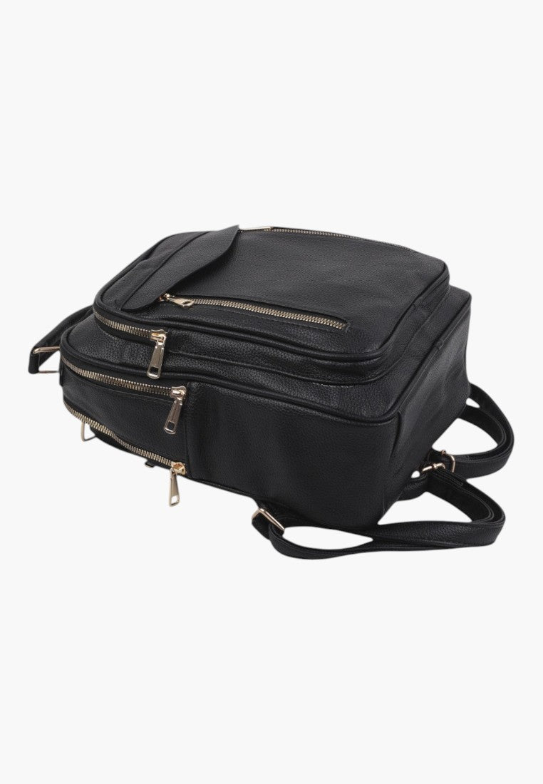 Falio black urban women's backpack made of eco-leather with multiple zippered compartments and gold hardware