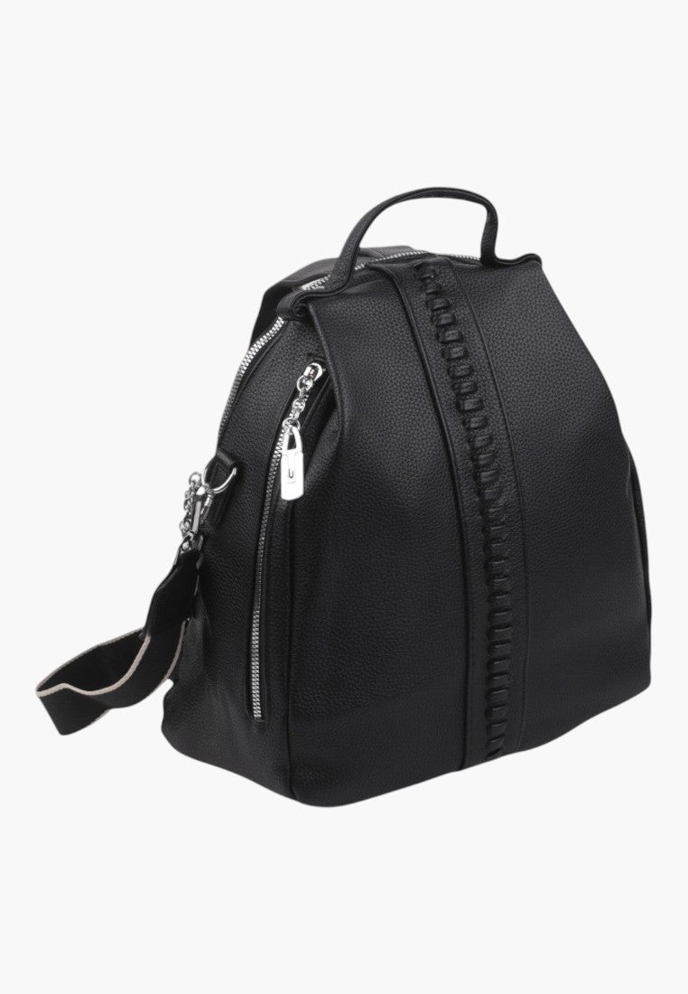 Falio women's black urban backpack made of eco-leather with a decorative braided center and silver zipper pockets.