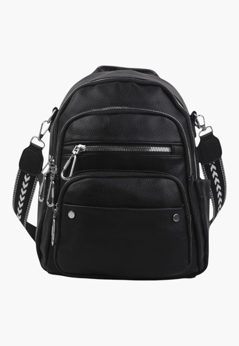 Falio black urban backpack made of eco-leather with multiple zippered pockets and patterned shoulder straps