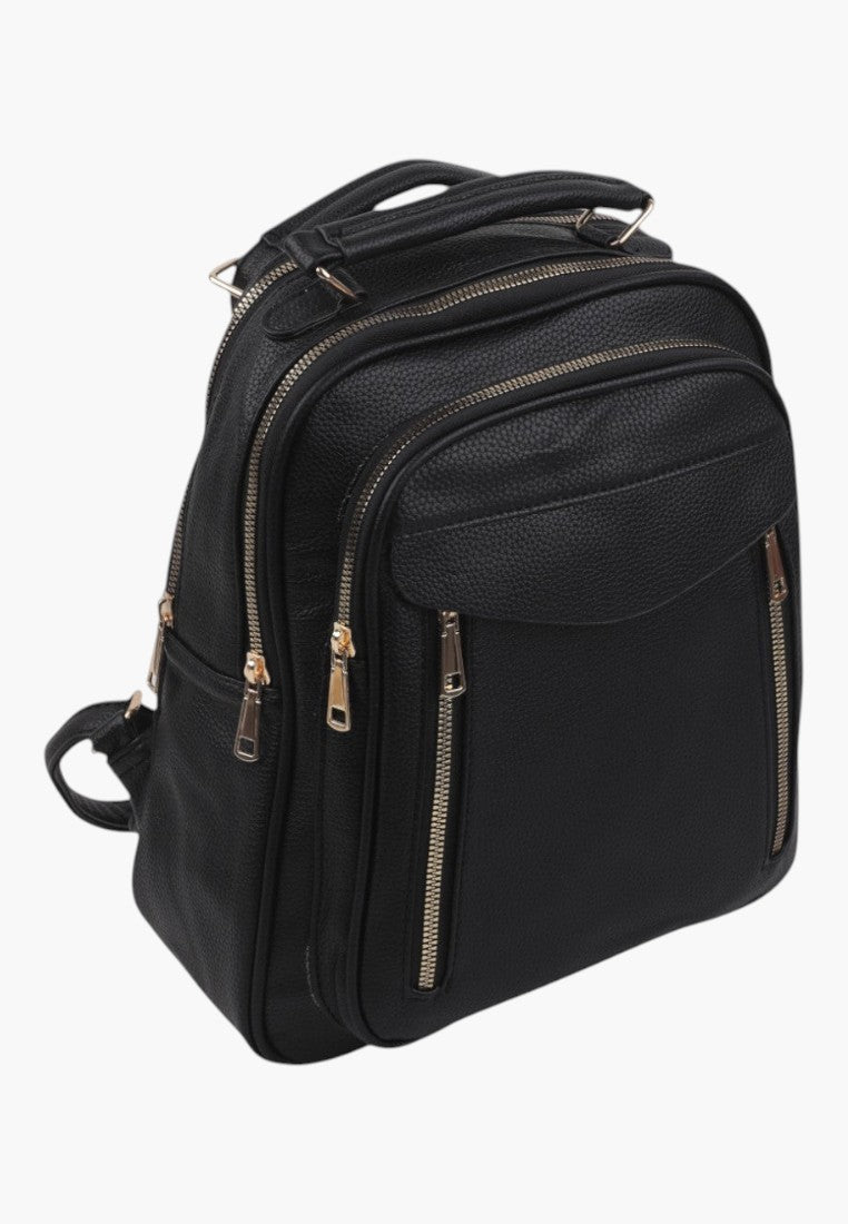 Falio black urban backpack made of eco-leather with multiple zippered compartments and A4 capacity