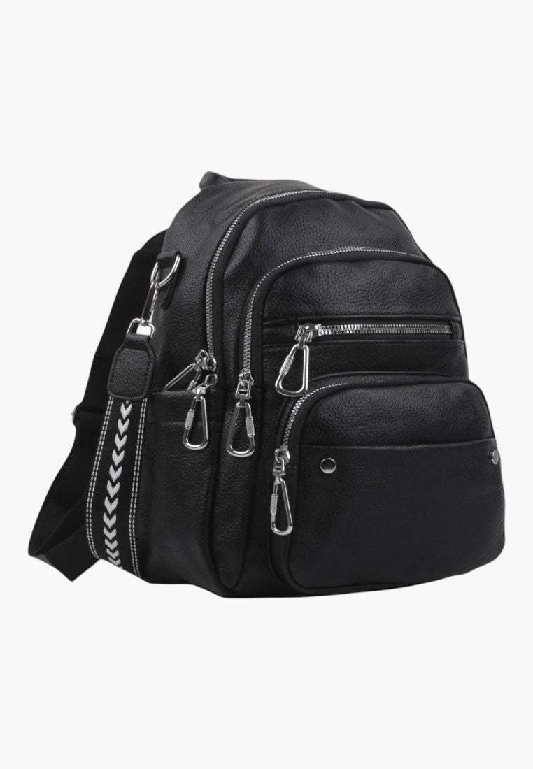 Falio black urban backpack made of eco-leather with multiple zippered pockets and decorative patterned straps