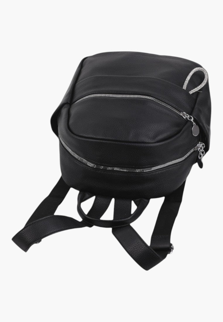Falio black urban women's backpack made of eco-leather with silver zippers and multiple compartments